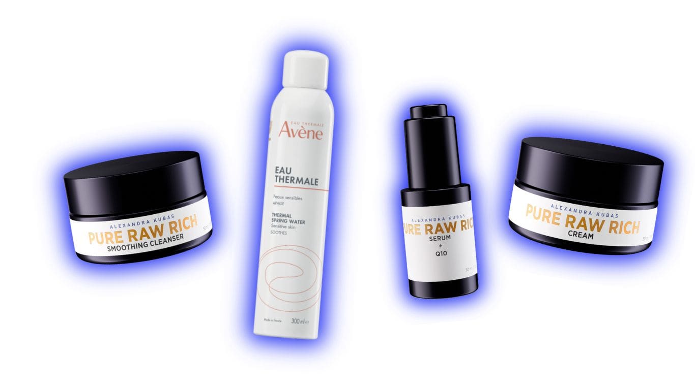 Różne produkty do pielęgnacji twarzy dla mężczyzn, w tym kremy i toniki.